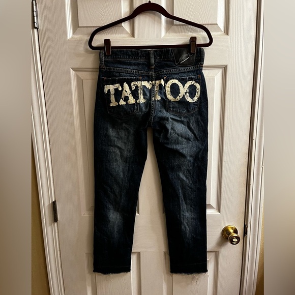 Ed Hardy Denim - ULTRA RARE~ED HARDY~ TATTOO JEANS ~ SKINNY RAW HEM ~ MIXED MEDIA ~ DOVE~28